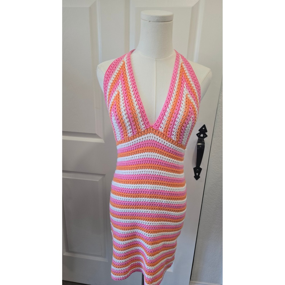 Beige Botany Crochet Halter Mini Dress Pink Orange Striped Boho Size M